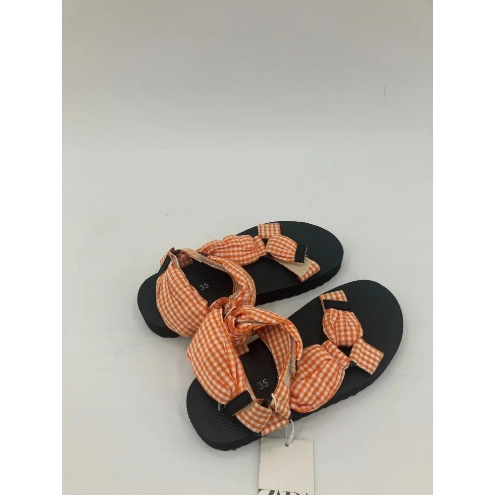 Zara‎ Sandals Girls US 3.5 Orange Checkered Gingham Open Toe Platform Strappy